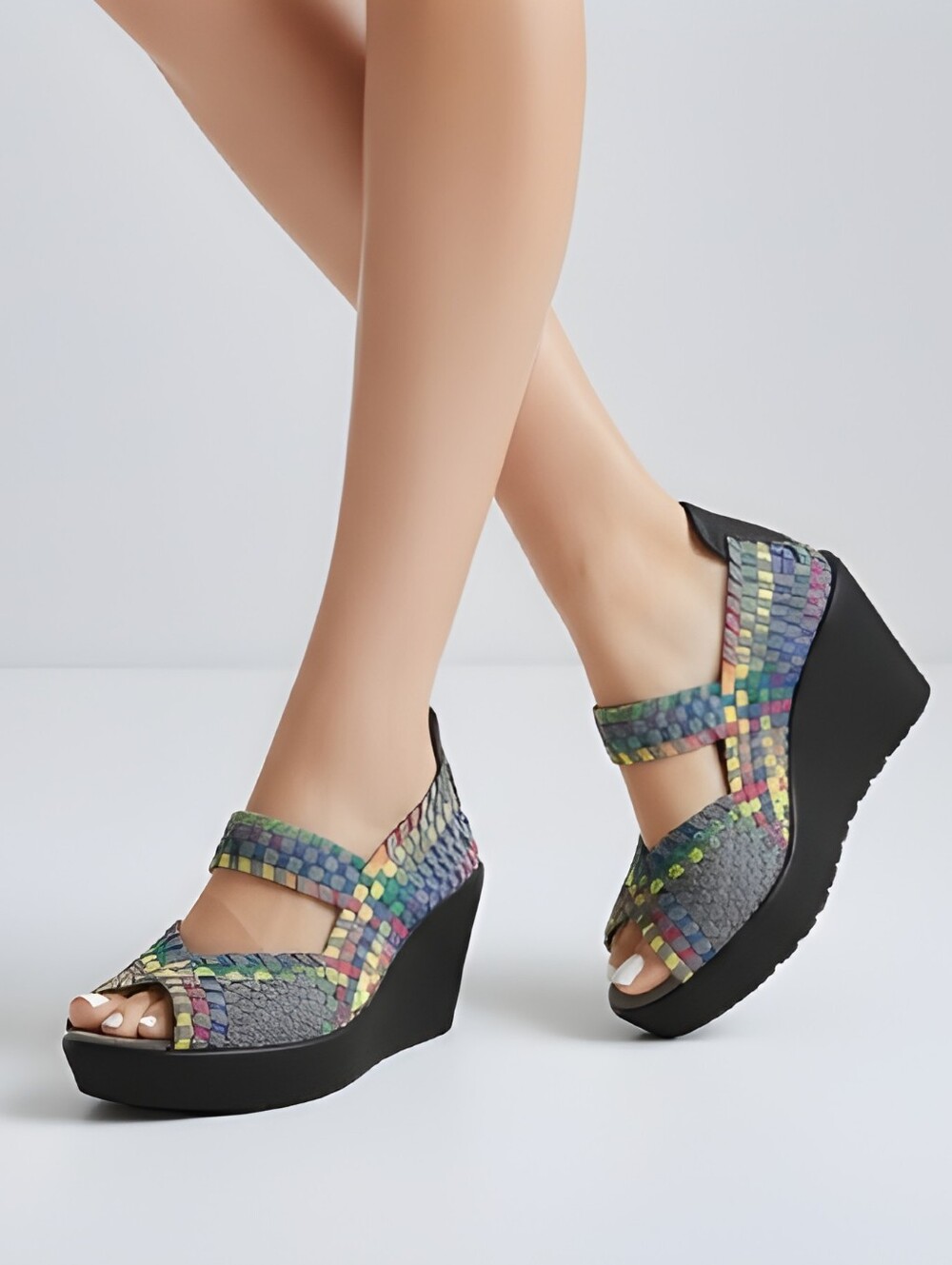 Steven By Steve Madden Multicolor Woven Wedges Elastic Peep Toe Wedges  Size 9.5